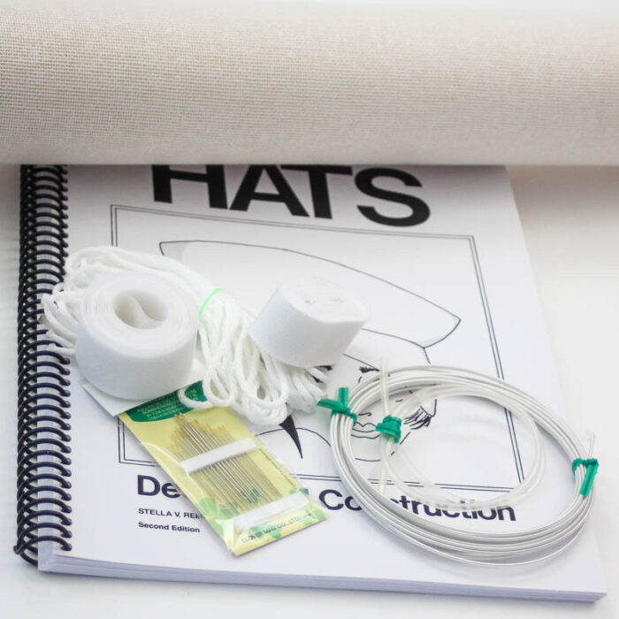 Basic supplies for making hats with buckram foundation plus the book, "Hats: Design and Construction". There are sufficient supplies for making several hats.