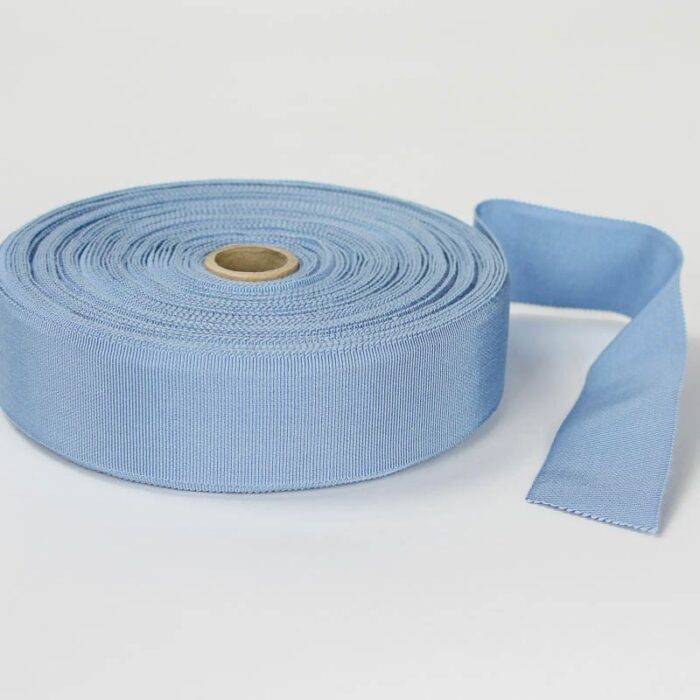 Light Blue. Made in France. Blend of 44% rayon/ 56% cotton grosgrain belting with a saw-tooth edge.