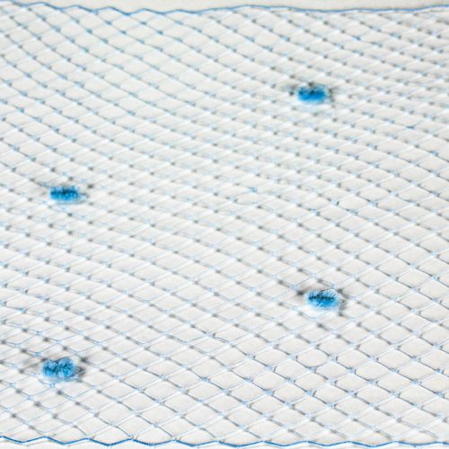 Light Blue Standard diamond pattern with 1/4 inch opening, and chenille dots, 8-9 inch width.