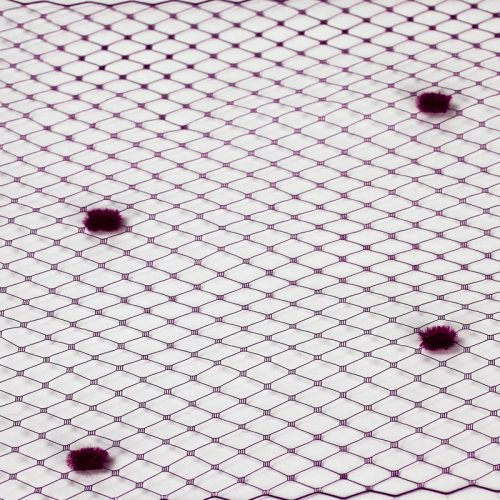 Red Violet Standard diamond pattern with 1/4 inch opening, 8-9 inch width and 1/4 inch chenille dots, 100% nylon.
