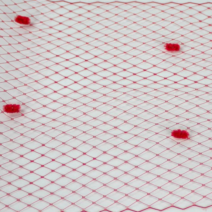 Red Standard diamond pattern with 1/4 inch opening, 8-9 inch width and 1/4 inch chenille dots, 100% nylon.