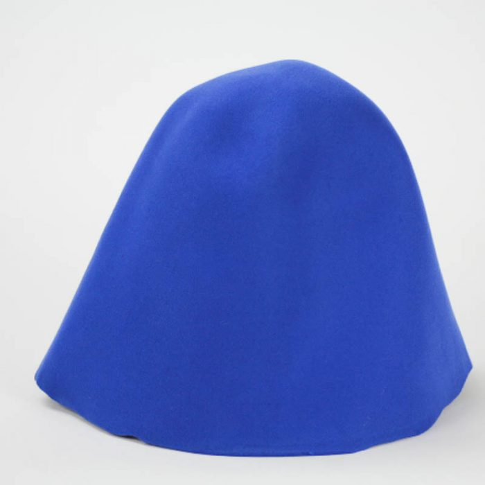 Bright blue 100% wool felt hood, or cone shape, made in China.