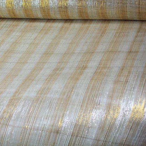 Natural Sinamay with one-inch wide metallic stripes in gold and silver.