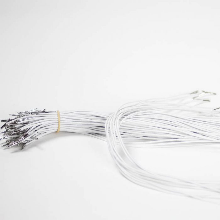 White Round elastic cord with barbed ends, 12 inch length.