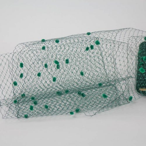 Hunter green Standard diamond pattern with 1/4 inch opening, 8-9 inch width and 1/4 inch chenille dots, 100% nylon.