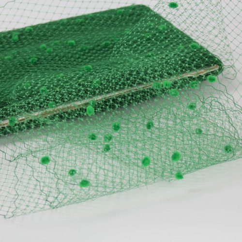 Green Standard diamond pattern with 1/4 inch opening, 8-9 inch width and 1/4 inch chenille dots, 100% nylon.