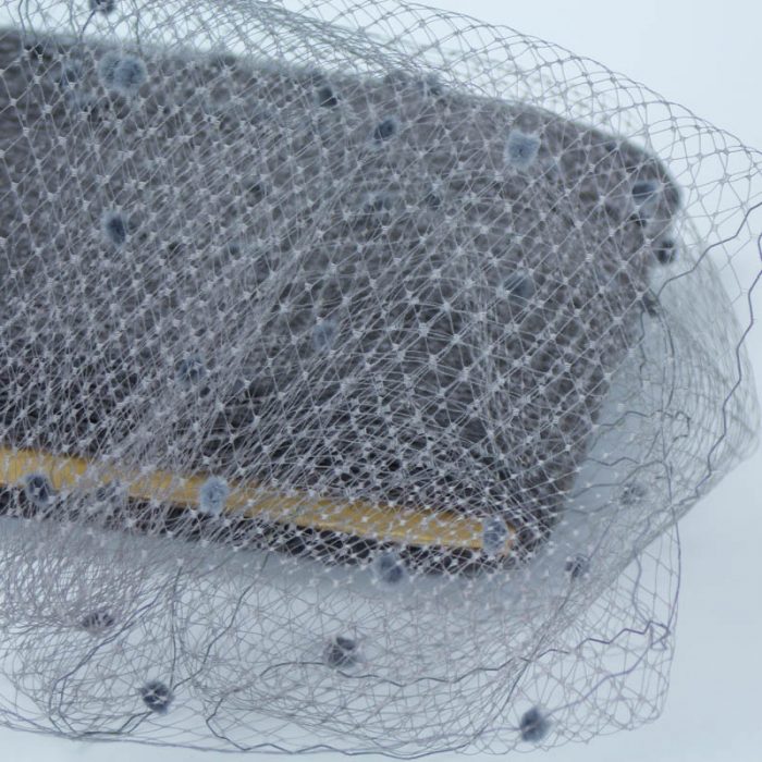 Evening Grey chenille dot Standard diamond pattern with 1/4 inch opening, 8-9 inch width, 100% nylon.
