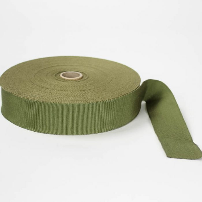 Olive Green. Made in France. Blend of 44% rayon/ 56% cotton grosgrain belting with a saw-tooth edge.