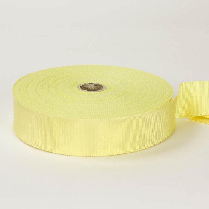 Pastel Yellow. Made in France. Blend of 44% rayon/ 56% cotton grosgrain belting with a saw-tooth edge.