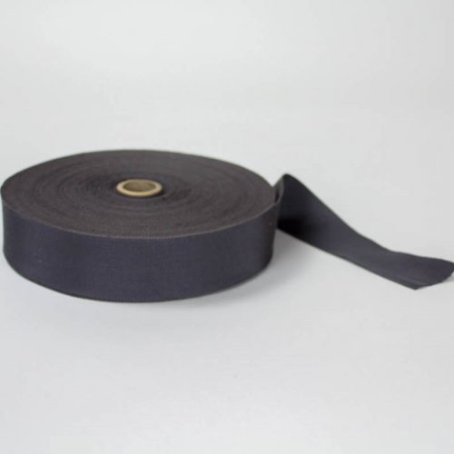 Charcoal Grey. Made in France. Blend of 44% rayon/ 56% cotton grosgrain belting with a saw-tooth edge.