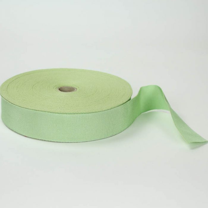 Mint Green. Made in France. Blend of 44% rayon/ 56% cotton grosgrain belting with a saw-tooth edge.