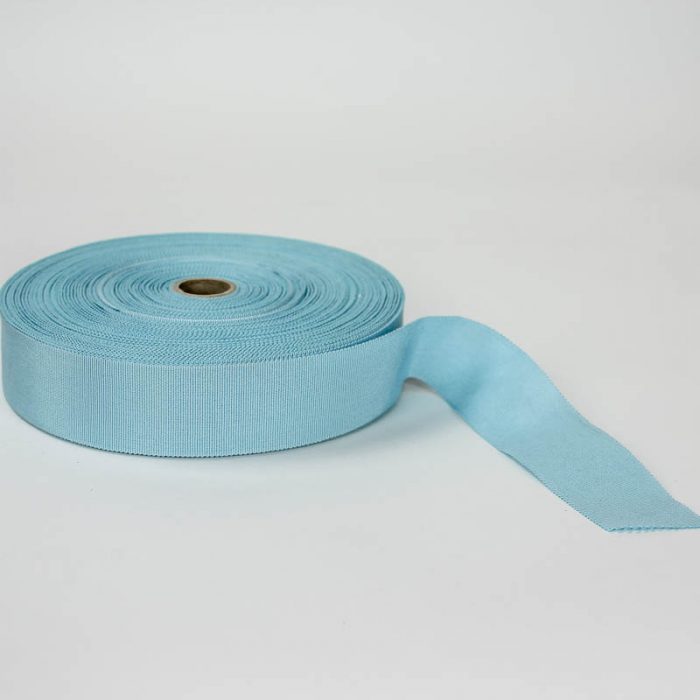 Sky Blue. Made in France. Blend of 44% rayon/ 56% cotton grosgrain belting with a saw-tooth edge.