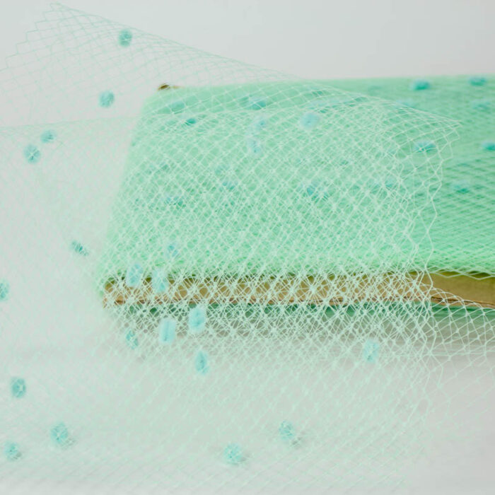 Mint green Standard diamond pattern with 1/4 inch opening, 8-9 inch width and 1/4 inch chenille dots, 100% nylon.