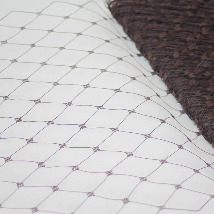 Brown This 12" Hat Veiling, one-inch open diamond pattern. The large open pattern gives it a vintage look. 100% Nylon.